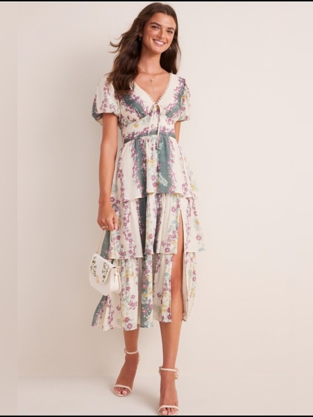 Francesca's Collections Cream & Sage Floral Tiered Midi Dress - Picture 10 of 11